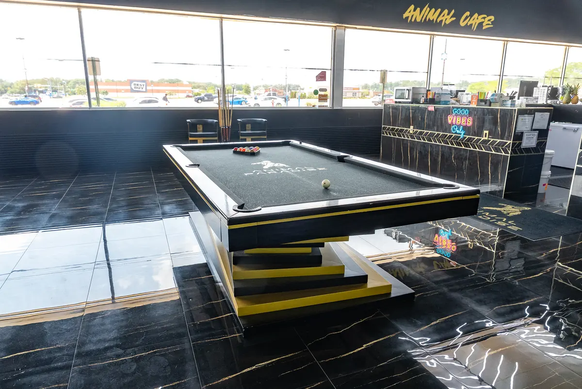 Pool table lounge with mall views next to Animal Cafe